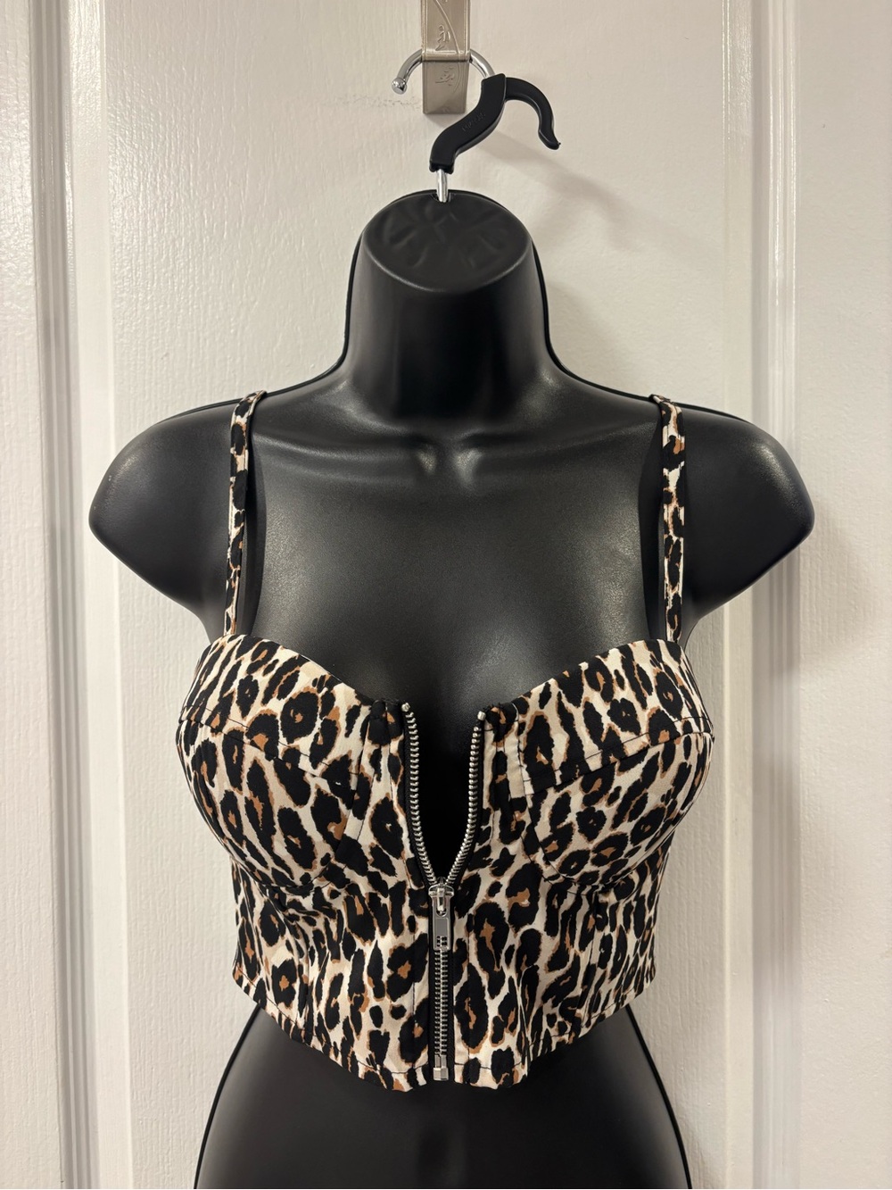 Say What? Leopard Print Full Front Zip Bustier Crop Tank Top Brown Black Cream S - Picture 2 of 7